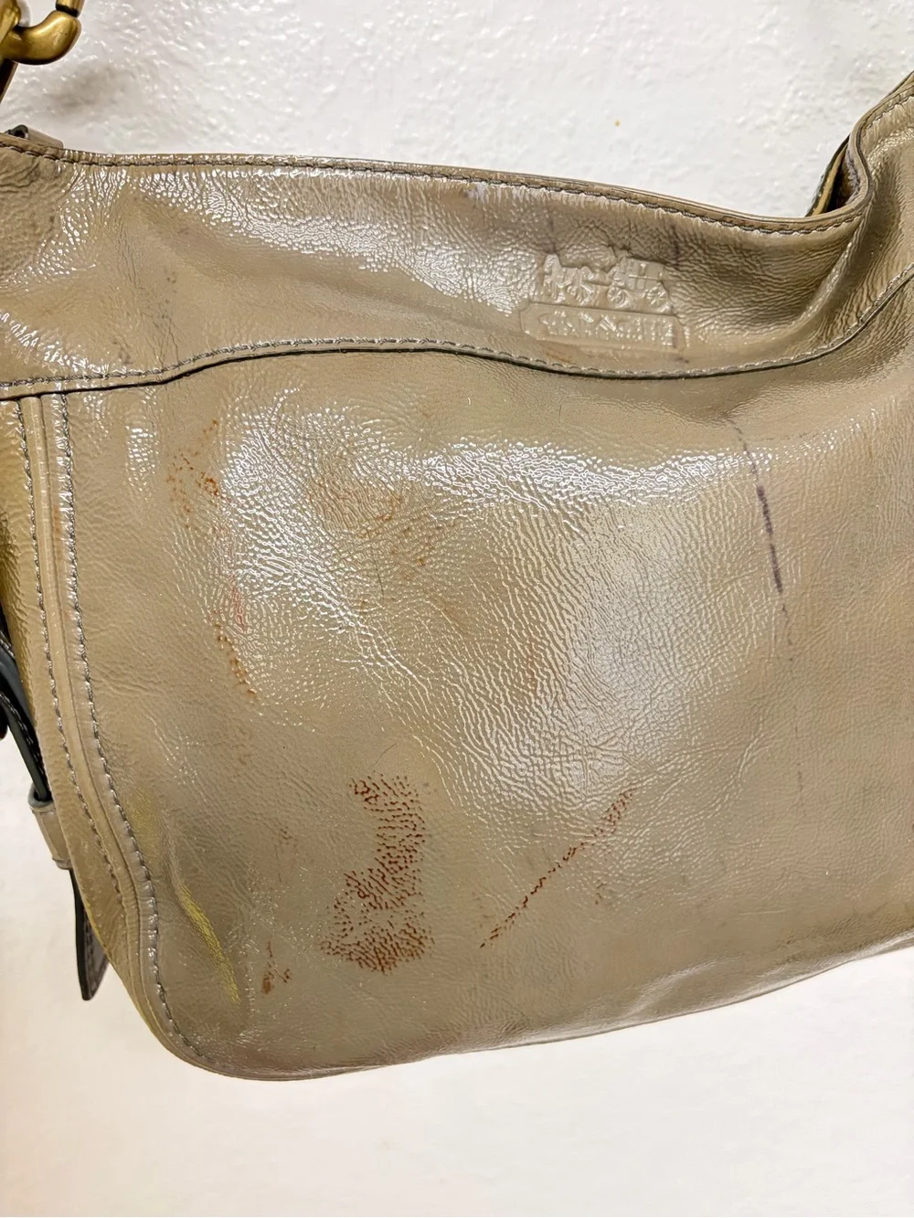 Coach Olive Green Patent Leather Hobo Shoulder Bag with Brass Hardware